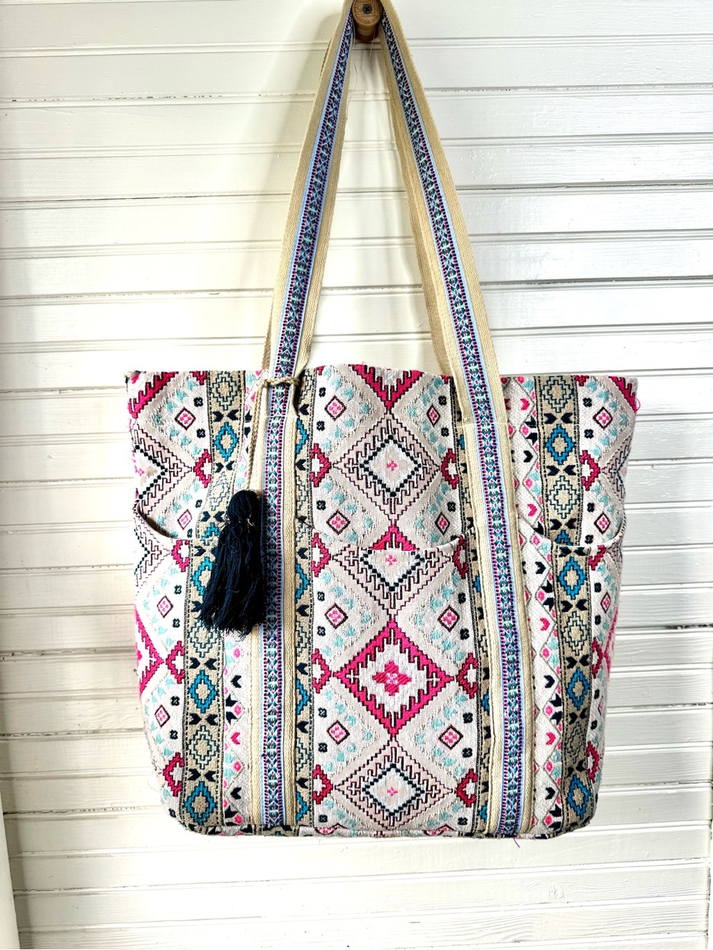 Nalini Geometric Woven Boho Tote Bag